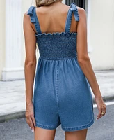 Cupshe Women's Denim Square Neck Tie Shoulder Wide Leg Romper