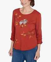 Alfred Dunner Petite Classics Nuzzling Owls Ruched Sleeves Top