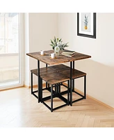 Sugift 5 Pieces Metal Frame Dining Set with Compact Table and 4 Stools -Walnut