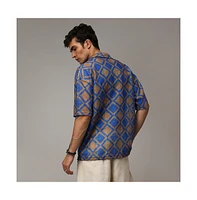Campus Sutra Men's Royal Blue & Mocha Brown Geometric Block Oversized Shirt
