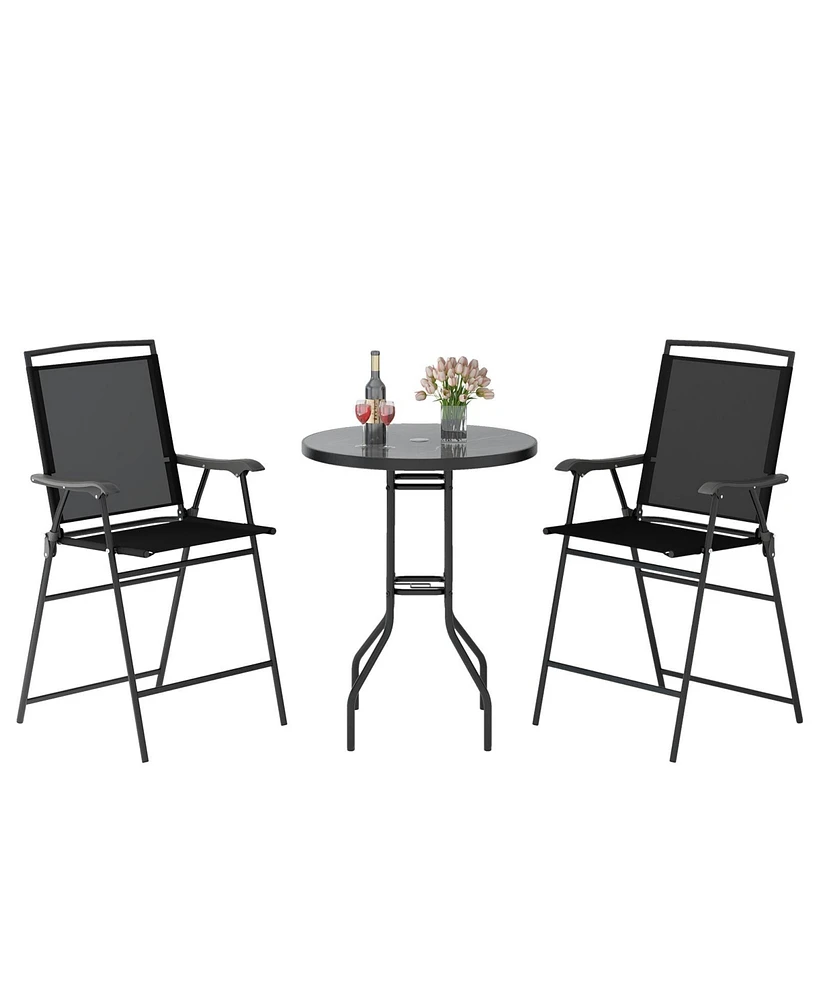 Skonyon 3 Pieces Outdoor Bar Stool Set with Dpc Tabletop and Umbrella Hole for Poolside-Black