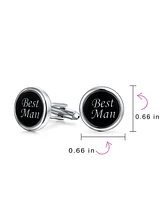 Bling Jewelry Best Man Script Words Round Black White Shirt Cuff Links Groomsmen Party Gift Brass Bullet Hinge Back