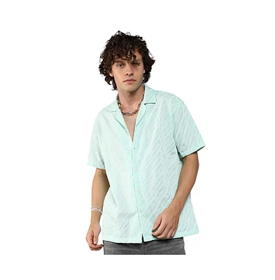 Men's Mint Green Embroidered Striped Shirt