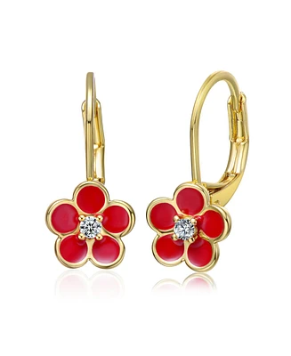 GiGiGirl 14k Yellow Gold Plated with Red Enamel and Cubic Zirconia Flower Dangle Earrings