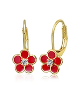 GiGiGirl 14k Yellow Gold Plated with Red Enamel and Cubic Zirconia Flower Dangle Earrings