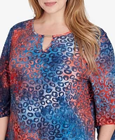 Ruby Rd. Plus Size Scoop Neck with Bar Detail Tie Dyed Spots Jacquard Knit Top