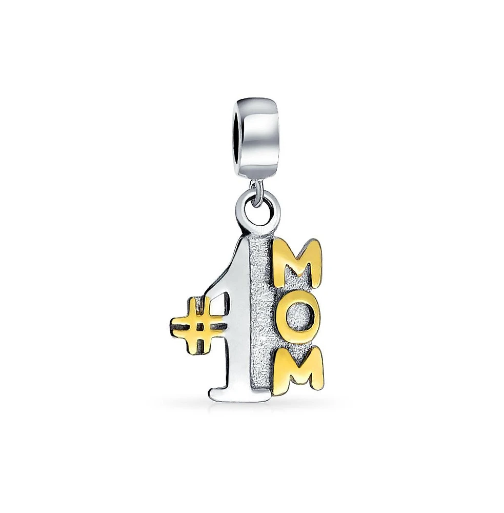 Bling Jewelry Words #1 Mom Dangle Charm Bead For Mother Wife Two Tone Gold Plated Sterling Silver Fits European Bracelet - Two