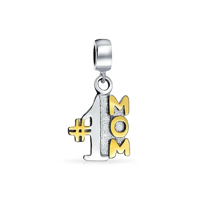 Bling Jewelry Words #1 Mom Dangle Charm Bead For Mother Wife Two Tone Gold Plated Sterling Silver Fits European Bracelet - Two