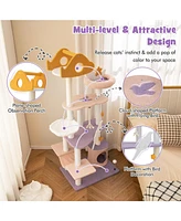 Skonyon 66 Inch Cute Cat Tree Cats Multi-level Tall Cat Tower with Sisal Covered Scratching Posts-Purple