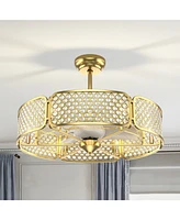 Skonyon 30 Inch Caged Ceiling Fan With Light Crystal Lampshade 6 Light Bases-Golden