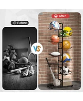 Skonyon Metal Basketball Holder with 7 Removable Hanging Rods and Side Ball Basket