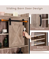 Givimo 4-Tier Multifunctional Toilet Storage Cabinet with Adjustable Shelf and Sliding Barn Door-Gray