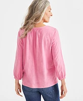 Style & Co Petite Velvet-Bib Tie-Neck Cotton Top, Created for Macy's