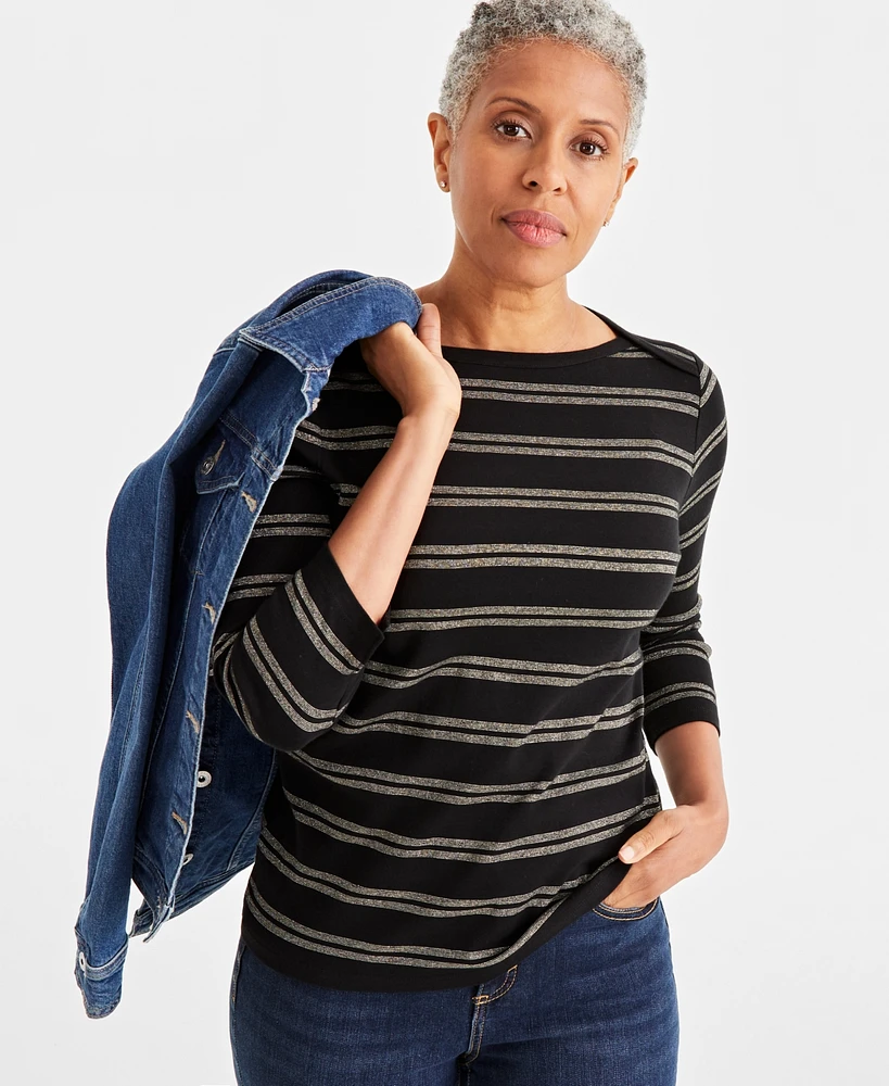 Style & Co Women's Striped Metallic 3/4 Sleeve Top, Created for Macy's