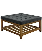 Simplie Fun Linen-Tufted Coffee Table Ottoman with Beechwood Shelf and Frame