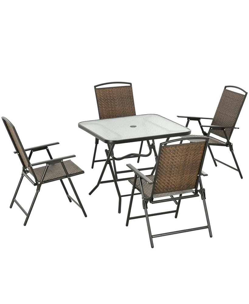 Streamdale Furniture 5-Piece Foldable Wicker Patio Dining Set with Umbrella Hole