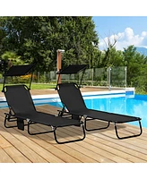 Foldable Pool Lounge Chairs with Canopy and Side Pockets