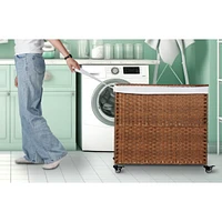 Brown Rattan Laundry Hamper with Lid, Removable Bags, and Wheels