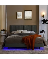 Streamdale Furniture Queen Led Platform Bed: Modern Faux Leather Upholstered Frame