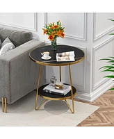 Tribesigns Faux Marble End Table, 2 Tier Round Side Table with Shelves