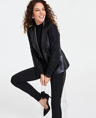 I.n.c. International Concepts Women's Faux-Leather Lace-Sleeve Blazer, Created for Macy's