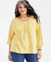 Style & Co Plus Floral Split-Neck 3/4-Sleeve Top, Created for Macy's