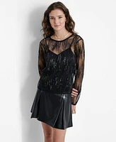 Dkny Women's Crewneck Sequin-Tulle Long-Sleeve Top