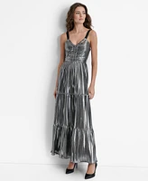 Dkny Women's Foil Plisse V-Neck Sleeveless Maxi Dress