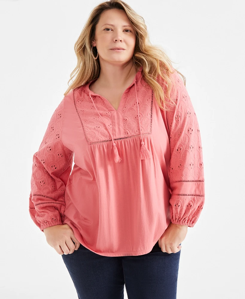 Style & Co Plus Split-Neck Eyelet-Trim Top, Exclusively at Macy's