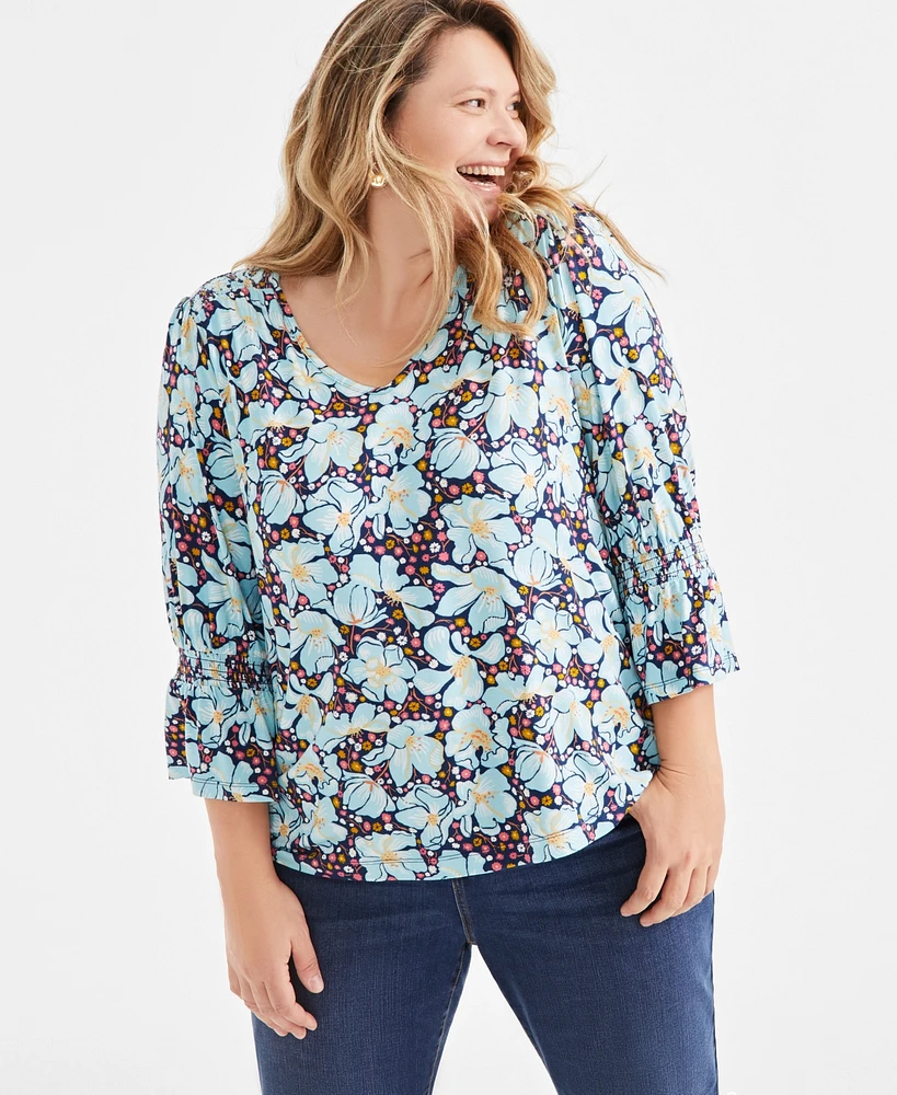 Style & Co Plus Printed Smocked-Trim 3/4-Sleeve Top