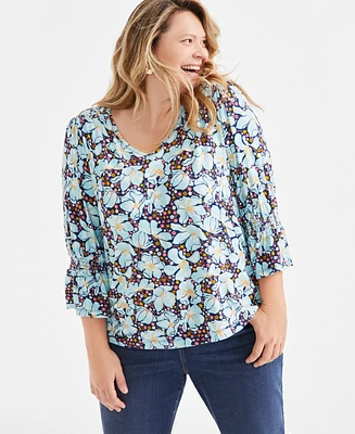 Style & Co Plus Printed Smocked-Trim 3/4-Sleeve Top