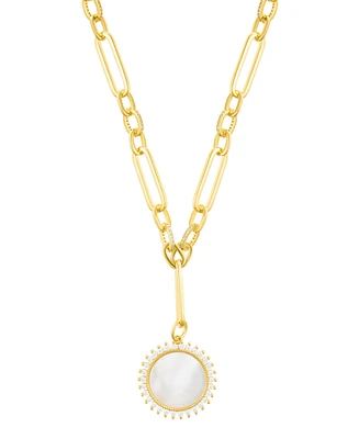 Adornia Gold Mother of Pearl Cubic Zirconia Halo Disc Mixed Link Y-Necklace