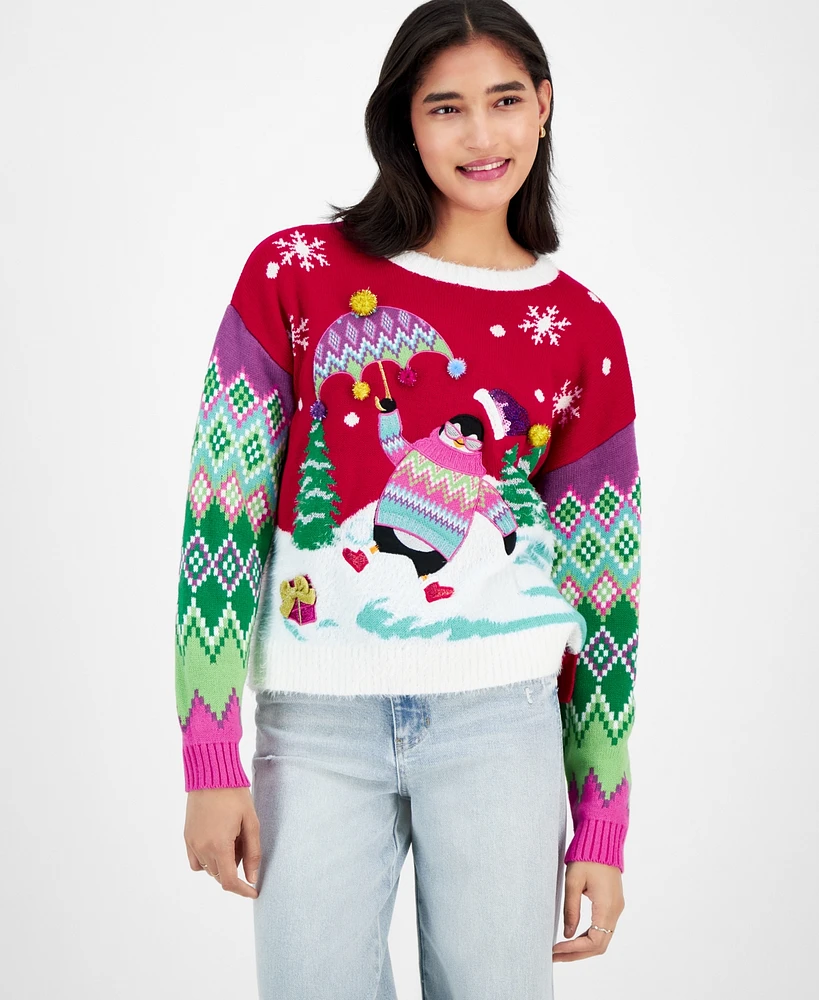 Hooked Up by Iot Juniors' Dancing Penguin Christmas Sweater