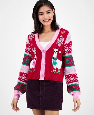 Hooked Up by Iot Juniors' Llama Button Front V-Neck Cardigan