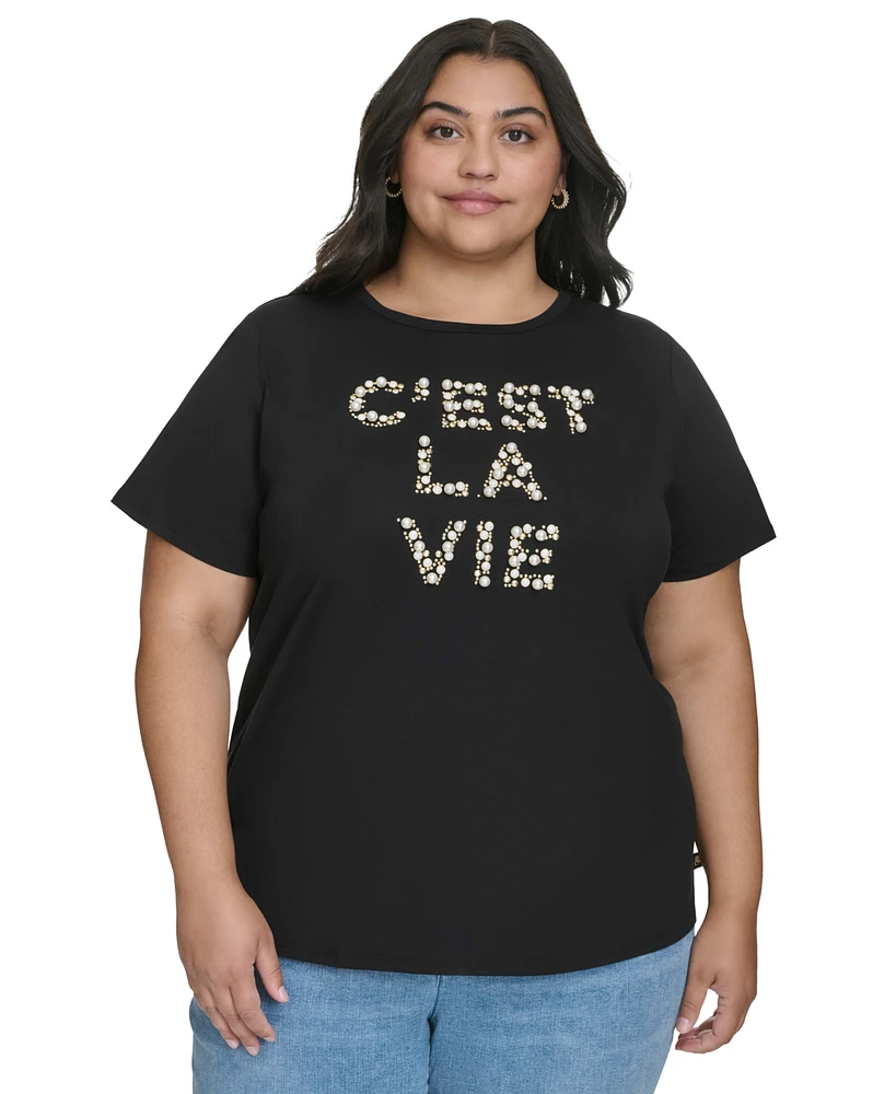 Karl Lagerfeld Paris Plus C'est La Vie Embellished T-Shirt, Created for Macy's