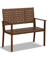 Costway Patio Loveseat All Weather Bench with Solid Rubber Wood Frame&Hand Woven Pu Leather