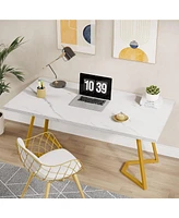 Tribesigns Modern Gold Computer Desk: 55 Inches White and Gold Home Office Desk with Metal Legs, Faux Marble Study Writing Table for Small Spaces, Sim