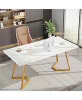 Tribesigns Modern Gold Computer Desk: 55 Inches White and Gold Home Office Desk with Metal Legs, Faux Marble Study Writing Table for Small Spaces, Sim