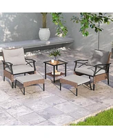 Vebreda 5 Pieces Wicker Patio Furniture Set Ottomans and Cushions and 2-Tier Tempered Glass Side Table-Brown