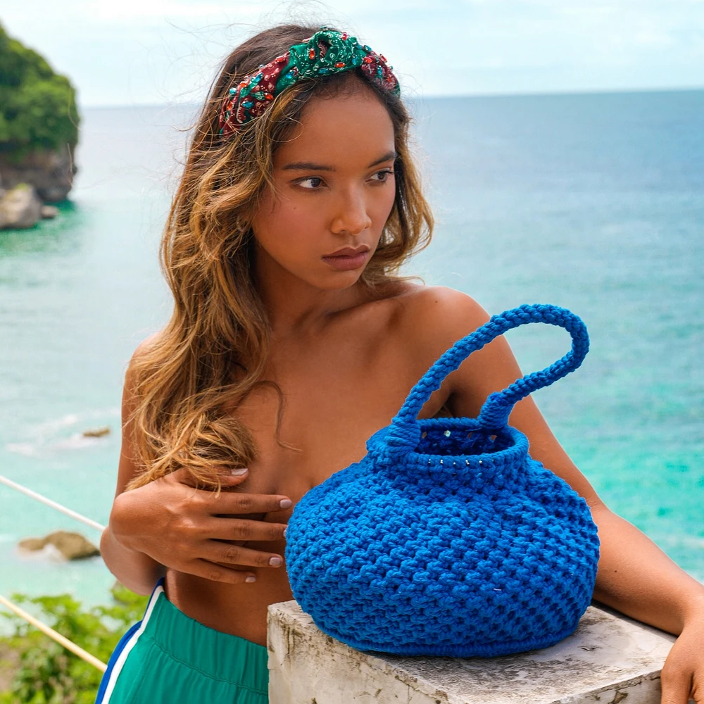 Azure Blue Naga Macrame Bucket Bag