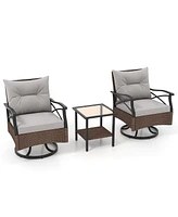 Vebreda 3 Pieces Outdoor Swivel Rocking Chairs Set with 2-Tier Tempered Glass Side Table-Brown