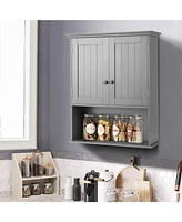 Sugift Wall Mount Bathroom Cabinet Storage Organizer with Doors and Shelves-Gray