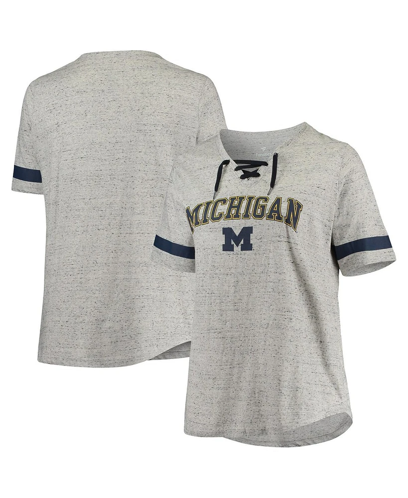 Profile Women's Heathered Gray/Navy Michigan Wolverines Plus Size Lace-Up V-Neck T-Shirt