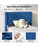Sugift Twin Upholstered Platform Bed with Button Tufted Wingback Headboard-Blue
