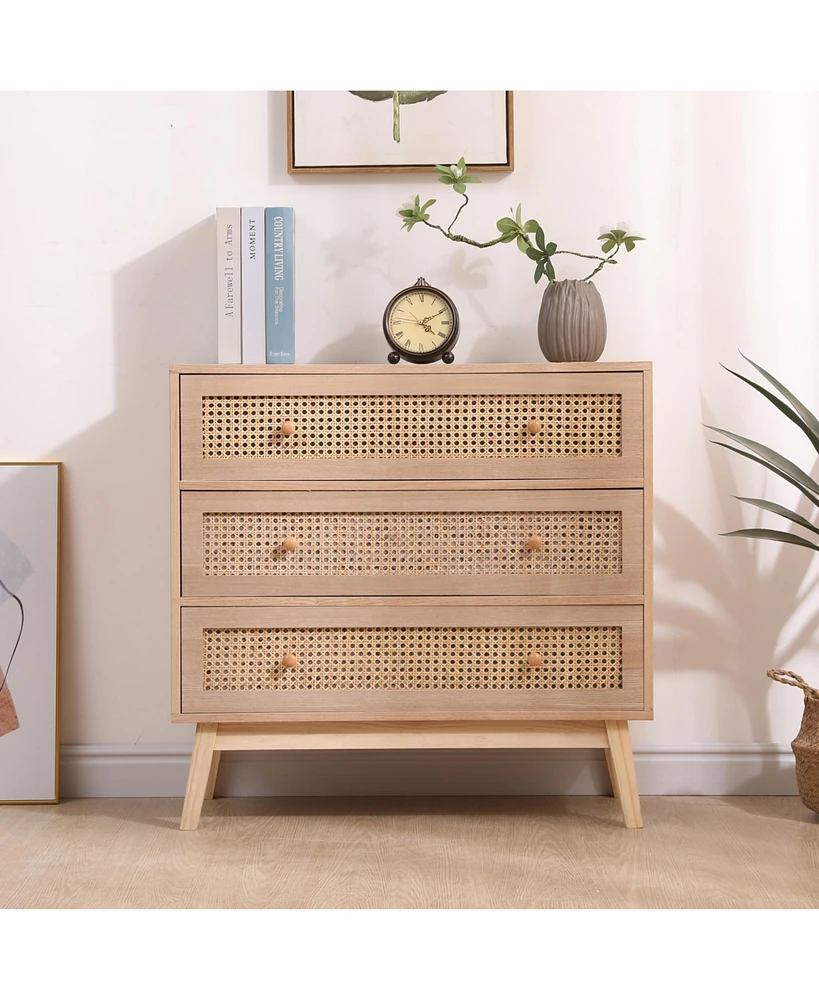 Simplie Fun 31.5" Rattan Storage Cabinet with 3 Drawers for Bedroom