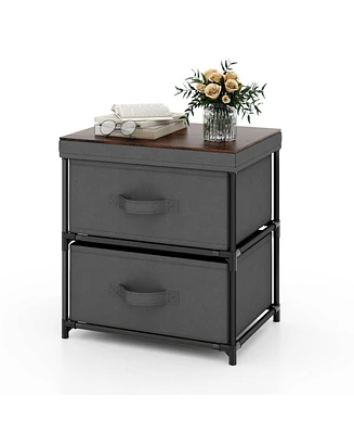 Sugift 2-Drawer Nightstand with Removable Fabric Bins and Pull Handles-Gray