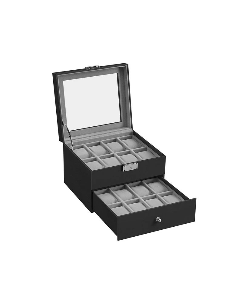 Slickblue 16-Slot Watch Box with Glass Lid for Elegant Watch Storage and Display