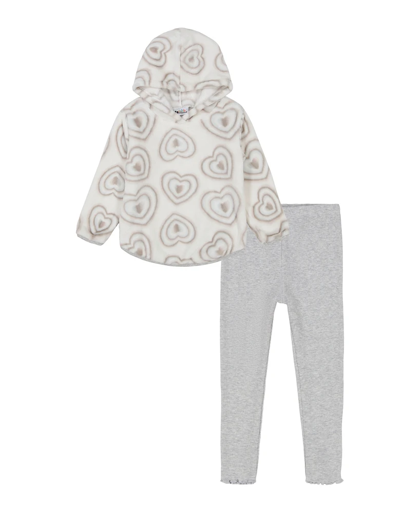 Kids Headquarters Baby Girl Heart-Print Oversized Sherpa Hoodie Ribbed Leggings, 2-Piece set