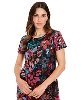 London Times Petite Floral-Sequin Round-Neck T-Shirt Dress