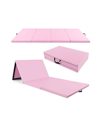 Skonyon 4-Panel Pu Leather Folding Exercise Mat with Carrying Handles-Pink